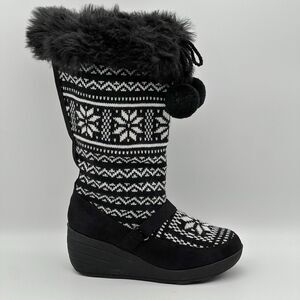 Steve Madden Julien Black White Fair Isle Knit Faux Fur Wedge Heel Boots 8.5